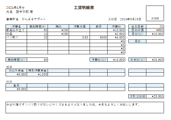 就労継続支援B型事業所の工賃明細書の見本